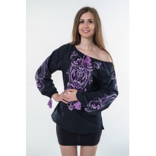 Boho Style Ukrainian Embroidered Folk  Blouse "Magic Herbs" purple on black